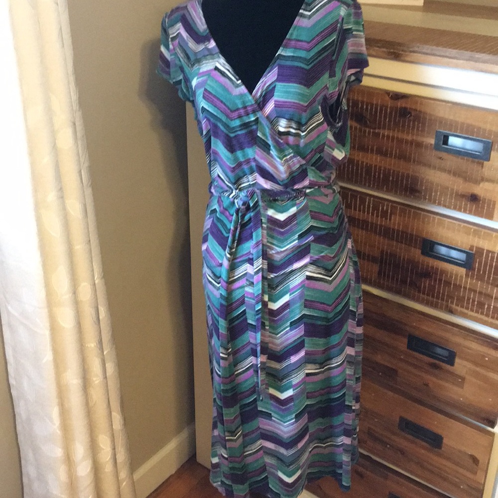 Green and purple wrap dress